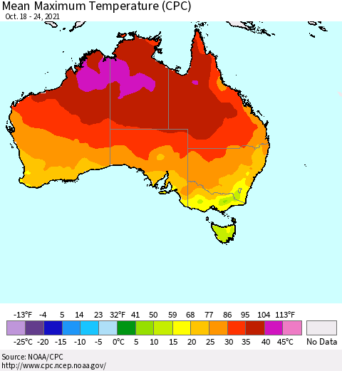 Australia Mean Maximum Temperature (CPC) Thematic Map For 10/18/2021 - 10/24/2021