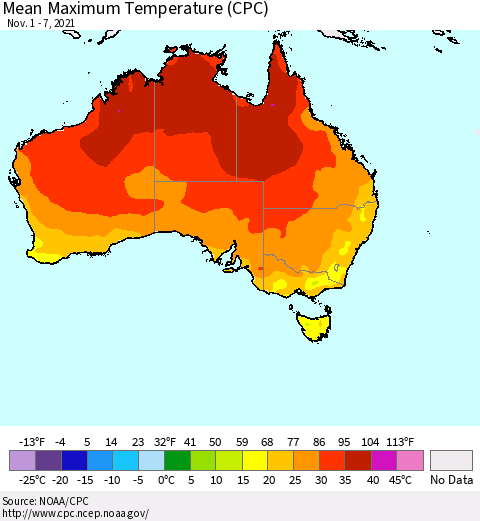 Australia Mean Maximum Temperature (CPC) Thematic Map For 11/1/2021 - 11/7/2021