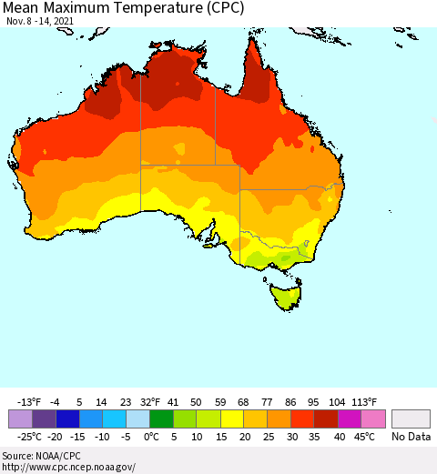 Australia Mean Maximum Temperature (CPC) Thematic Map For 11/8/2021 - 11/14/2021