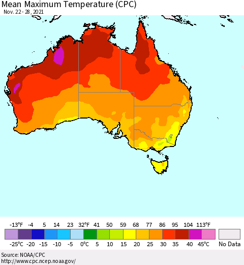 Australia Mean Maximum Temperature (CPC) Thematic Map For 11/22/2021 - 11/28/2021