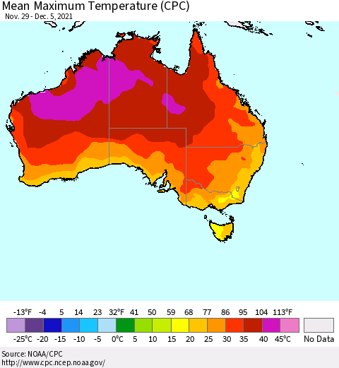 Australia Mean Maximum Temperature (CPC) Thematic Map For 11/29/2021 - 12/5/2021