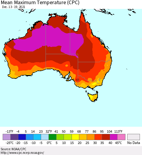 Australia Mean Maximum Temperature (CPC) Thematic Map For 12/13/2021 - 12/19/2021