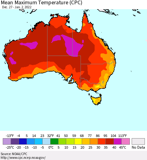 Australia Mean Maximum Temperature (CPC) Thematic Map For 12/27/2021 - 1/2/2022