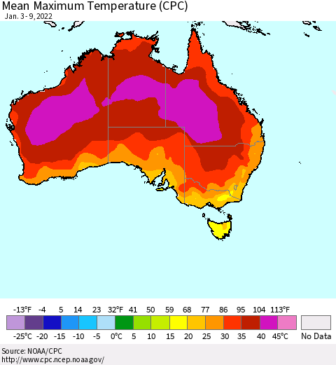 Australia Mean Maximum Temperature (CPC) Thematic Map For 1/3/2022 - 1/9/2022