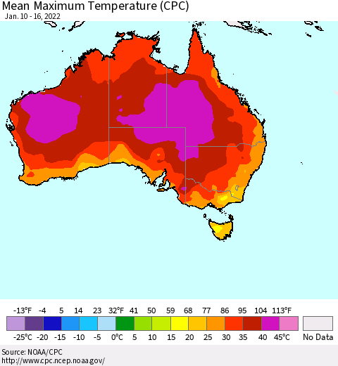 Australia Mean Maximum Temperature (CPC) Thematic Map For 1/10/2022 - 1/16/2022