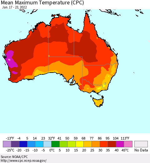 Australia Mean Maximum Temperature (CPC) Thematic Map For 1/17/2022 - 1/23/2022