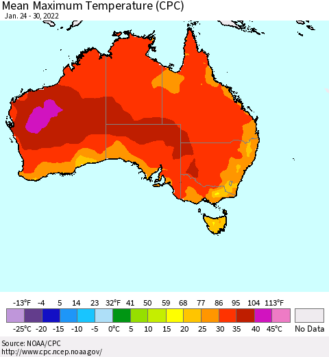 Australia Mean Maximum Temperature (CPC) Thematic Map For 1/24/2022 - 1/30/2022