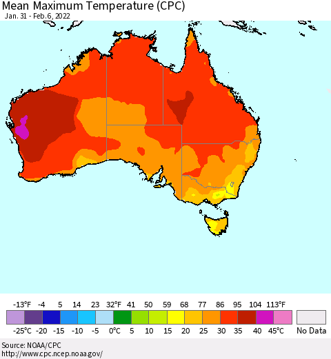 Australia Mean Maximum Temperature (CPC) Thematic Map For 1/31/2022 - 2/6/2022