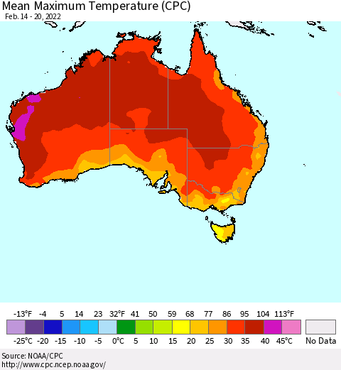 Australia Mean Maximum Temperature (CPC) Thematic Map For 2/14/2022 - 2/20/2022