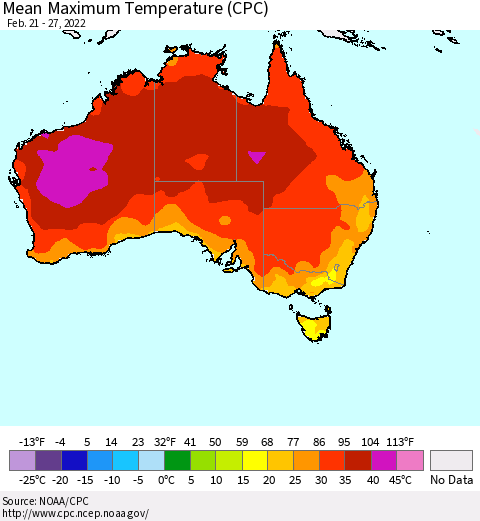 Australia Mean Maximum Temperature (CPC) Thematic Map For 2/21/2022 - 2/27/2022