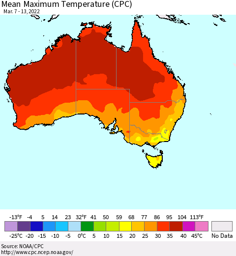 Australia Mean Maximum Temperature (CPC) Thematic Map For 3/7/2022 - 3/13/2022