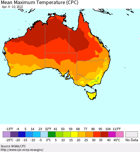 Australia Mean Maximum Temperature (CPC) Thematic Map For 4/4/2022 - 4/10/2022