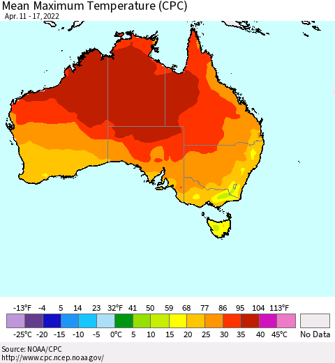 Australia Mean Maximum Temperature (CPC) Thematic Map For 4/11/2022 - 4/17/2022