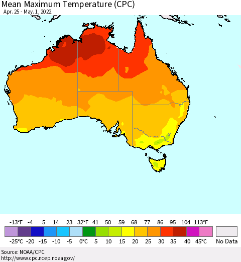 Australia Mean Maximum Temperature (CPC) Thematic Map For 4/25/2022 - 5/1/2022