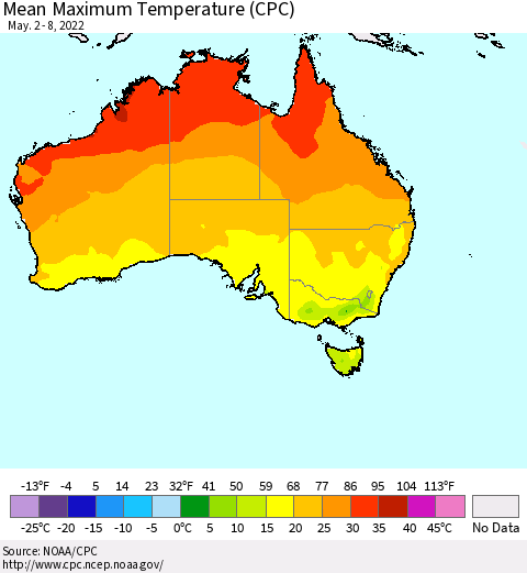 Australia Mean Maximum Temperature (CPC) Thematic Map For 5/2/2022 - 5/8/2022