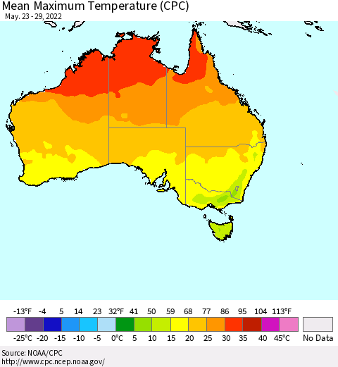 Australia Mean Maximum Temperature (CPC) Thematic Map For 5/23/2022 - 5/29/2022