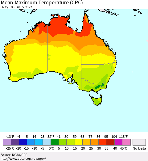 Australia Mean Maximum Temperature (CPC) Thematic Map For 5/30/2022 - 6/5/2022