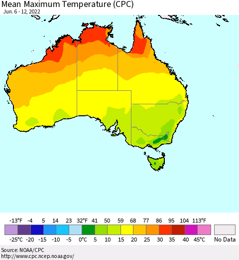 Australia Mean Maximum Temperature (CPC) Thematic Map For 6/6/2022 - 6/12/2022