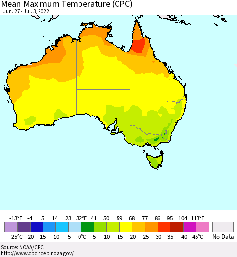 Australia Mean Maximum Temperature (CPC) Thematic Map For 6/27/2022 - 7/3/2022