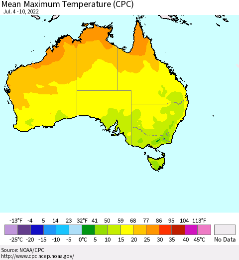Australia Mean Maximum Temperature (CPC) Thematic Map For 7/4/2022 - 7/10/2022
