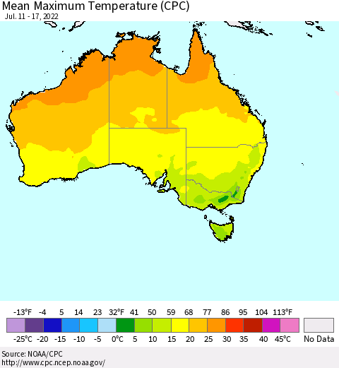 Australia Mean Maximum Temperature (CPC) Thematic Map For 7/11/2022 - 7/17/2022
