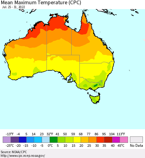 Australia Mean Maximum Temperature (CPC) Thematic Map For 7/25/2022 - 7/31/2022