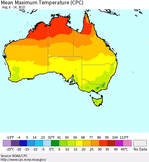 Australia Mean Maximum Temperature (CPC) Thematic Map For 8/8/2022 - 8/14/2022