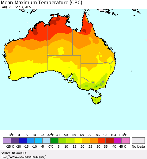 Australia Mean Maximum Temperature (CPC) Thematic Map For 8/29/2022 - 9/4/2022