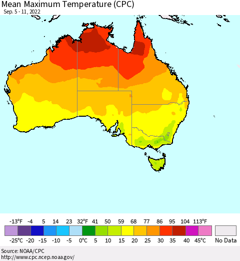 Australia Mean Maximum Temperature (CPC) Thematic Map For 9/5/2022 - 9/11/2022