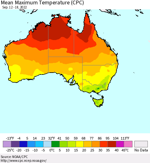Australia Mean Maximum Temperature (CPC) Thematic Map For 9/12/2022 - 9/18/2022
