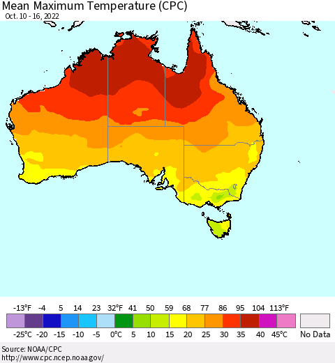 Australia Mean Maximum Temperature (CPC) Thematic Map For 10/10/2022 - 10/16/2022