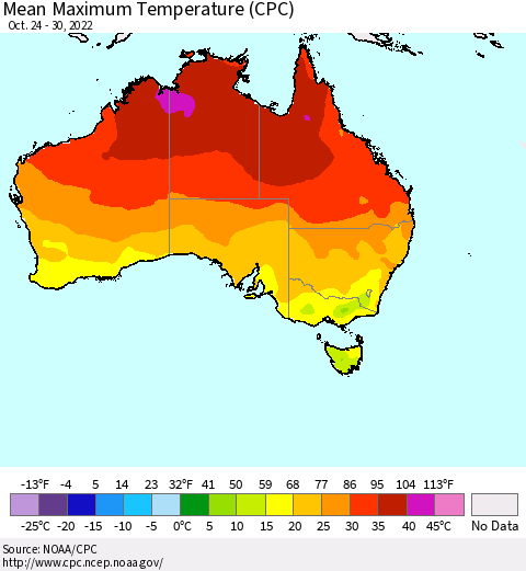 Australia Mean Maximum Temperature (CPC) Thematic Map For 10/24/2022 - 10/30/2022