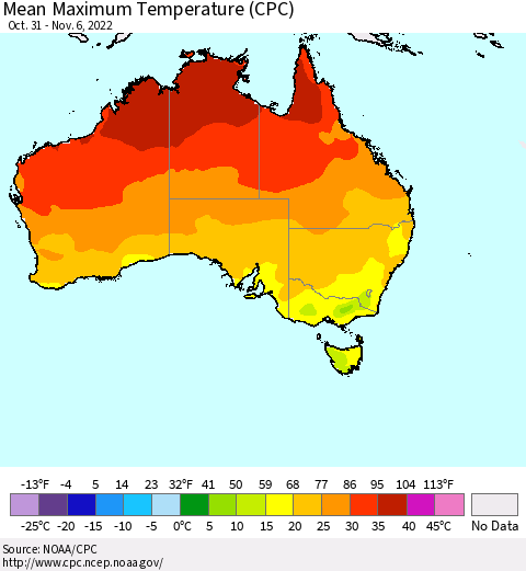 Australia Mean Maximum Temperature (CPC) Thematic Map For 10/31/2022 - 11/6/2022