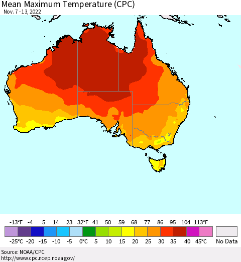 Australia Mean Maximum Temperature (CPC) Thematic Map For 11/7/2022 - 11/13/2022