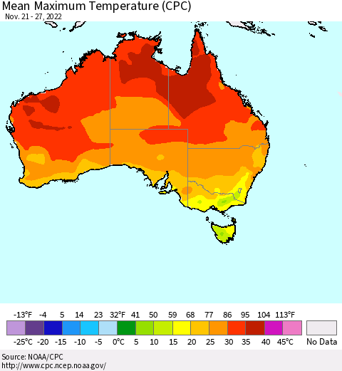 Australia Mean Maximum Temperature (CPC) Thematic Map For 11/21/2022 - 11/27/2022