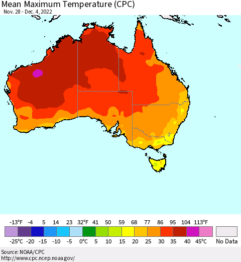 Australia Mean Maximum Temperature (CPC) Thematic Map For 11/28/2022 - 12/4/2022