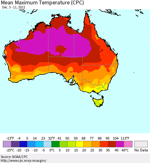 Australia Mean Maximum Temperature (CPC) Thematic Map For 12/5/2022 - 12/11/2022