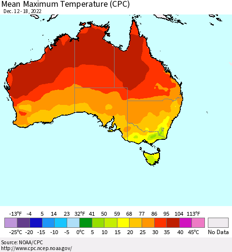 Australia Mean Maximum Temperature (CPC) Thematic Map For 12/12/2022 - 12/18/2022