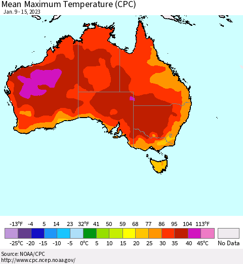 Australia Mean Maximum Temperature (CPC) Thematic Map For 1/9/2023 - 1/15/2023