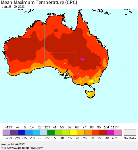 Australia Mean Maximum Temperature (CPC) Thematic Map For 1/23/2023 - 1/29/2023