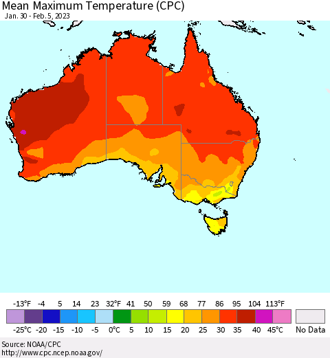 Australia Mean Maximum Temperature (CPC) Thematic Map For 1/30/2023 - 2/5/2023