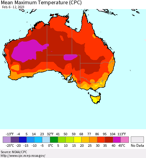 Australia Mean Maximum Temperature (CPC) Thematic Map For 2/6/2023 - 2/12/2023