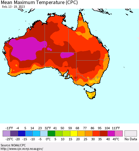 Australia Mean Maximum Temperature (CPC) Thematic Map For 2/13/2023 - 2/19/2023
