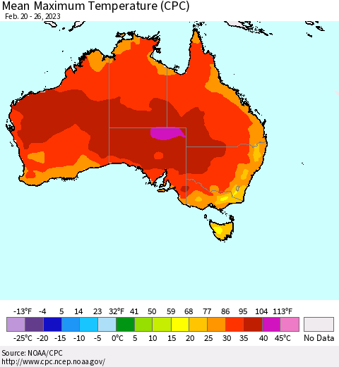 Australia Mean Maximum Temperature (CPC) Thematic Map For 2/20/2023 - 2/26/2023
