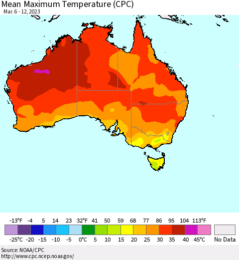 Australia Mean Maximum Temperature (CPC) Thematic Map For 3/6/2023 - 3/12/2023