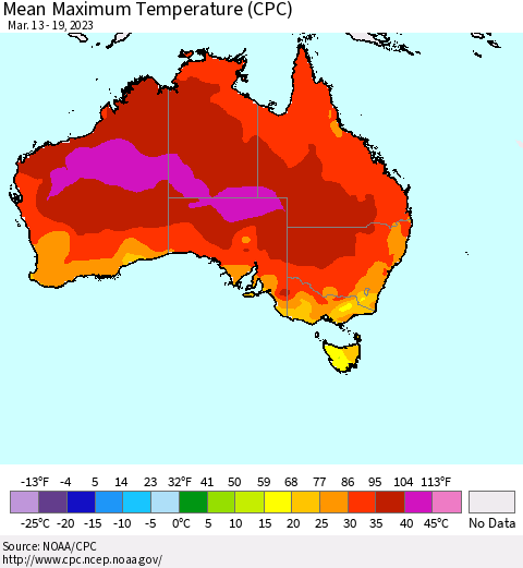 Australia Mean Maximum Temperature (CPC) Thematic Map For 3/13/2023 - 3/19/2023
