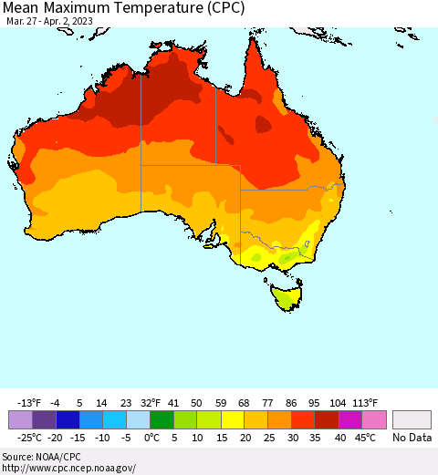 Australia Mean Maximum Temperature (CPC) Thematic Map For 3/27/2023 - 4/2/2023