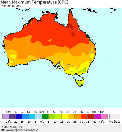 Australia Mean Maximum Temperature (CPC) Thematic Map For 4/10/2023 - 4/16/2023