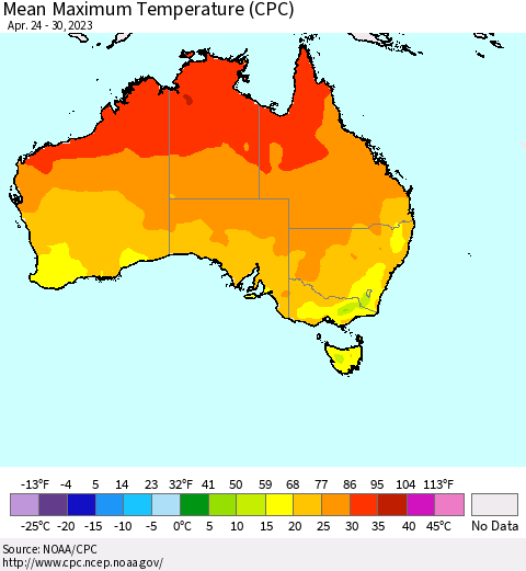 Australia Mean Maximum Temperature (CPC) Thematic Map For 4/24/2023 - 4/30/2023