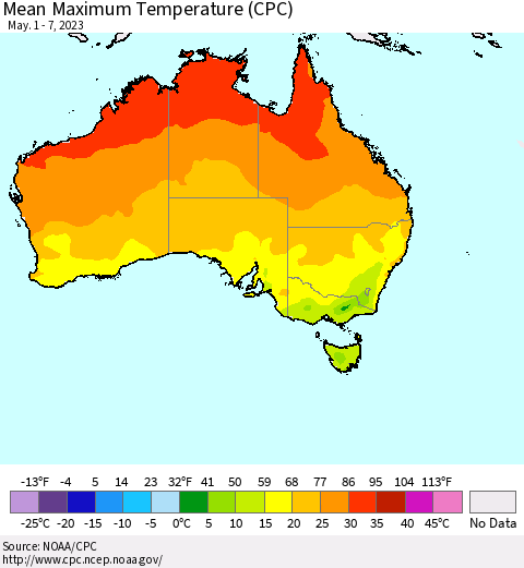 Australia Mean Maximum Temperature (CPC) Thematic Map For 5/1/2023 - 5/7/2023